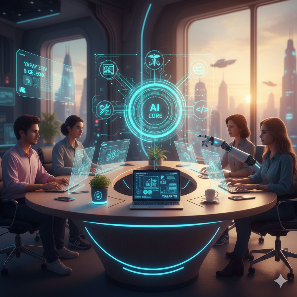 Yapay zeka ajanları ile çalışan modern ofis ortamı ve 2026 dijital dönüşüm görseli