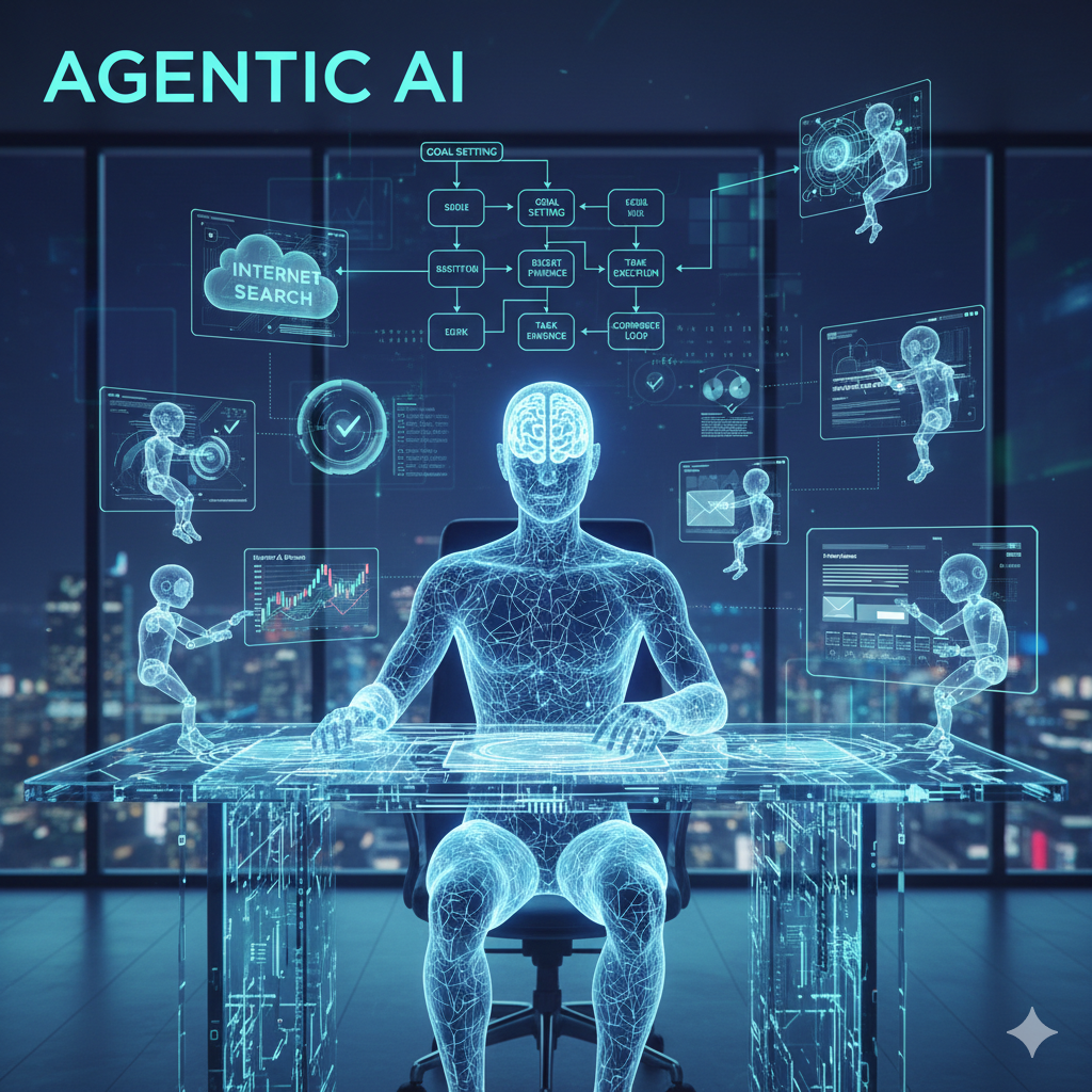 Otonom iş akışlarını yöneten mavi hologramlı dijital ajan yapay zeka illüstrasyonu.