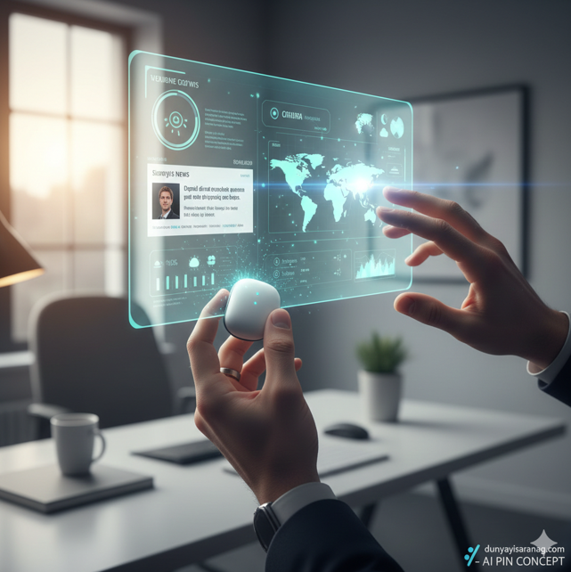 Giyilebilir yapay zeka cihazı AI Pin ve şeffaf holografik veri ekranı konsepti.