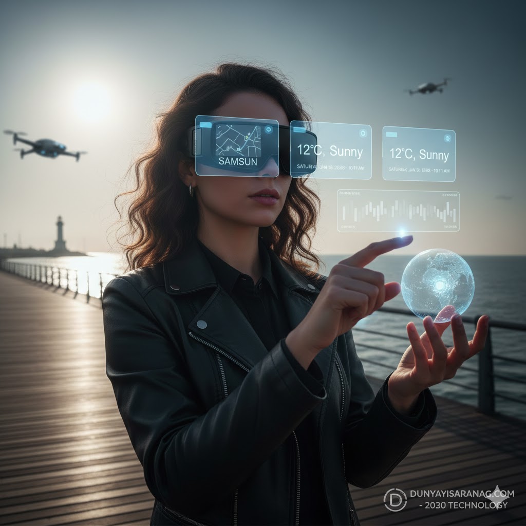 Sahilde elinde holografik dünya küresi tutan ve akıllı gözlükle dijital ekranları yöneten kadın.