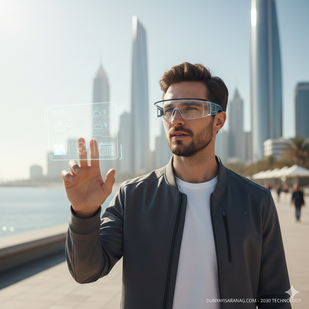 Akıllı telefonların yerini alması beklenen yapay zeka destekli fütüristik gözlük tasarımı.