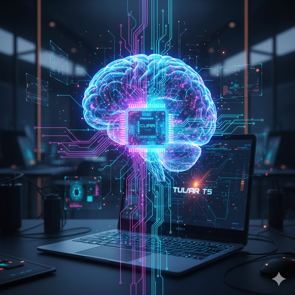 İnsan beyni mimarisini taklit eden nöromorfik çip ve laptop üzerinde veri işleme görseli