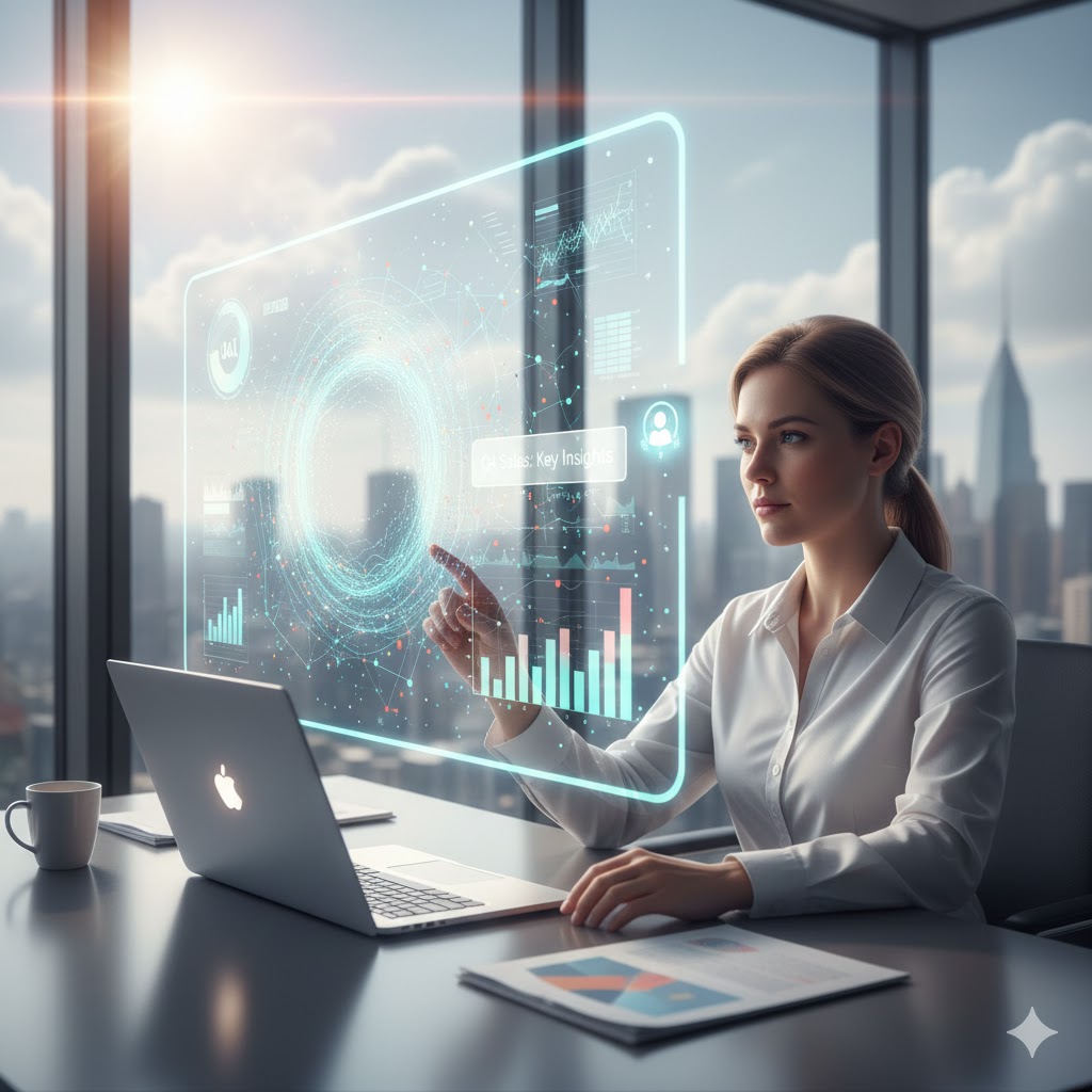 Yapay zeka ile karmaşık veri analizi ve görselleştirme yapan dijital asistan arayüzü